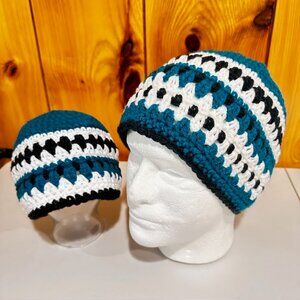 Teal Green Black White Hand Knit / Crochet Adult Child Beanie Set NEW